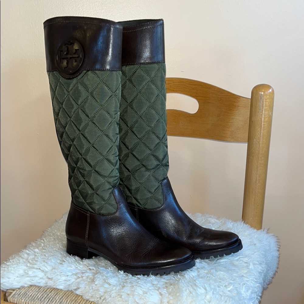 Tory Burch Quilted Green and Brown Riding Boots